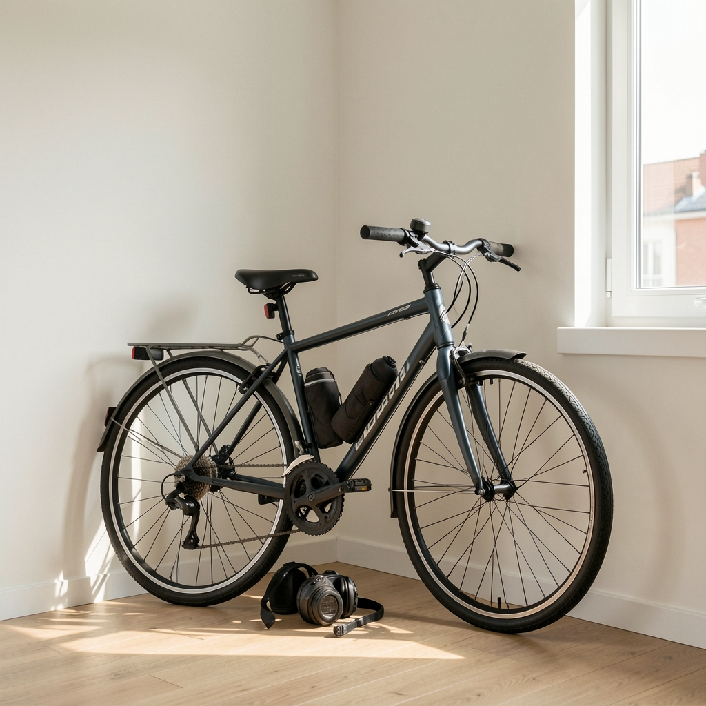 Bicicleta y accesorios guardados en un rincón de apartamento luminoso sin personas