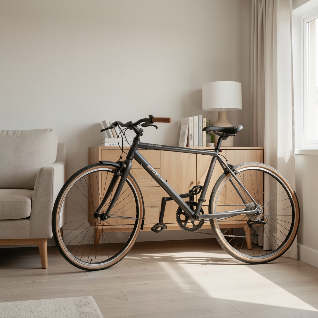 Rincón de apartamento con bicicleta guardada junto a un mueble, sin personas