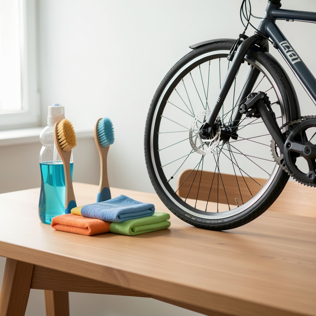 Cepillos y paños de limpieza junto a una rueda de bicicleta sobre una mesa vacía