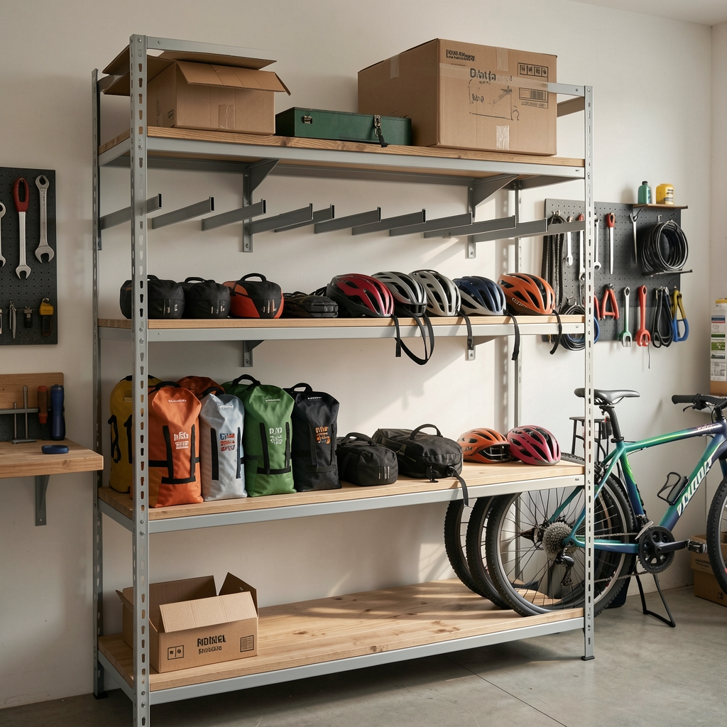Estantería de taller vacía con soportes, bolsas y accesorios de bicicleta organizados