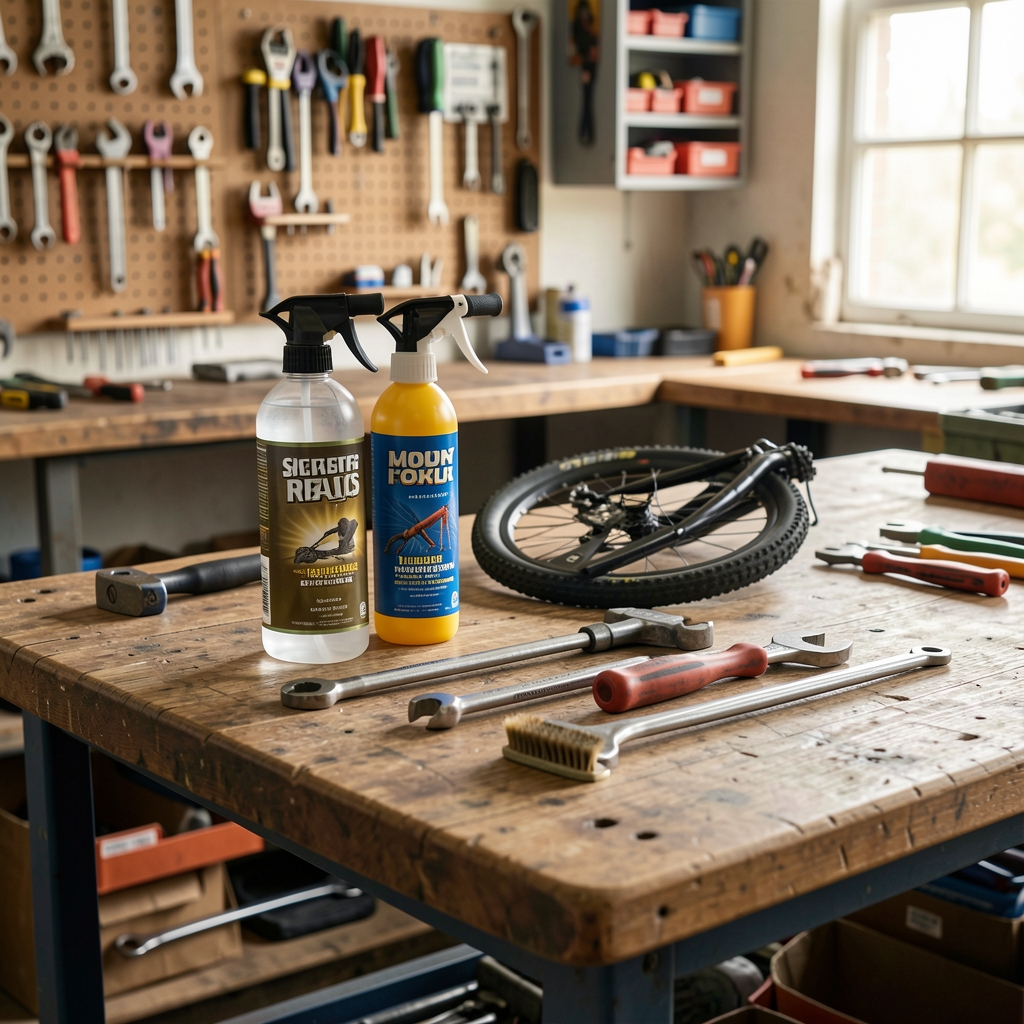 Accesorios de limpieza de bicicleta colocados sobre una mesa de taller vacía