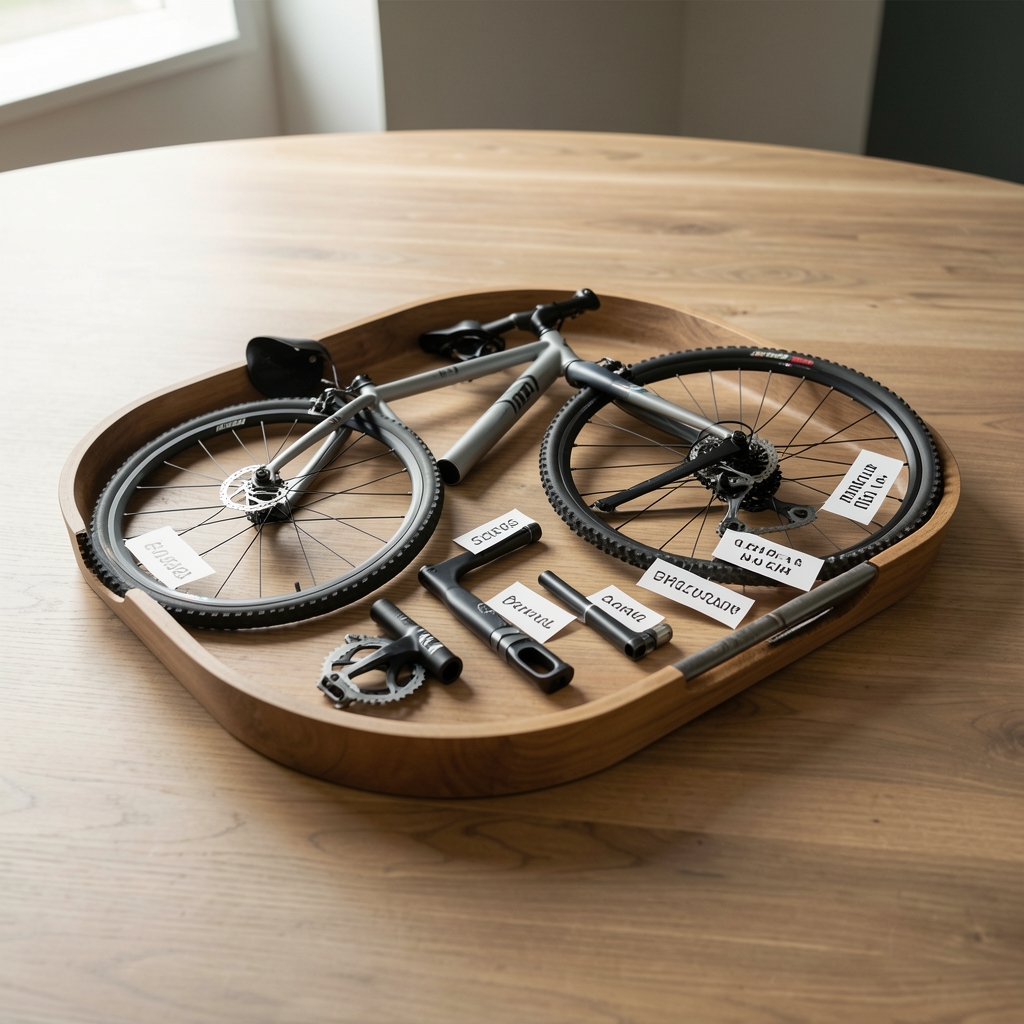 Bandeja con componentes de bicicleta separados y etiquetados sobre una mesa vacía