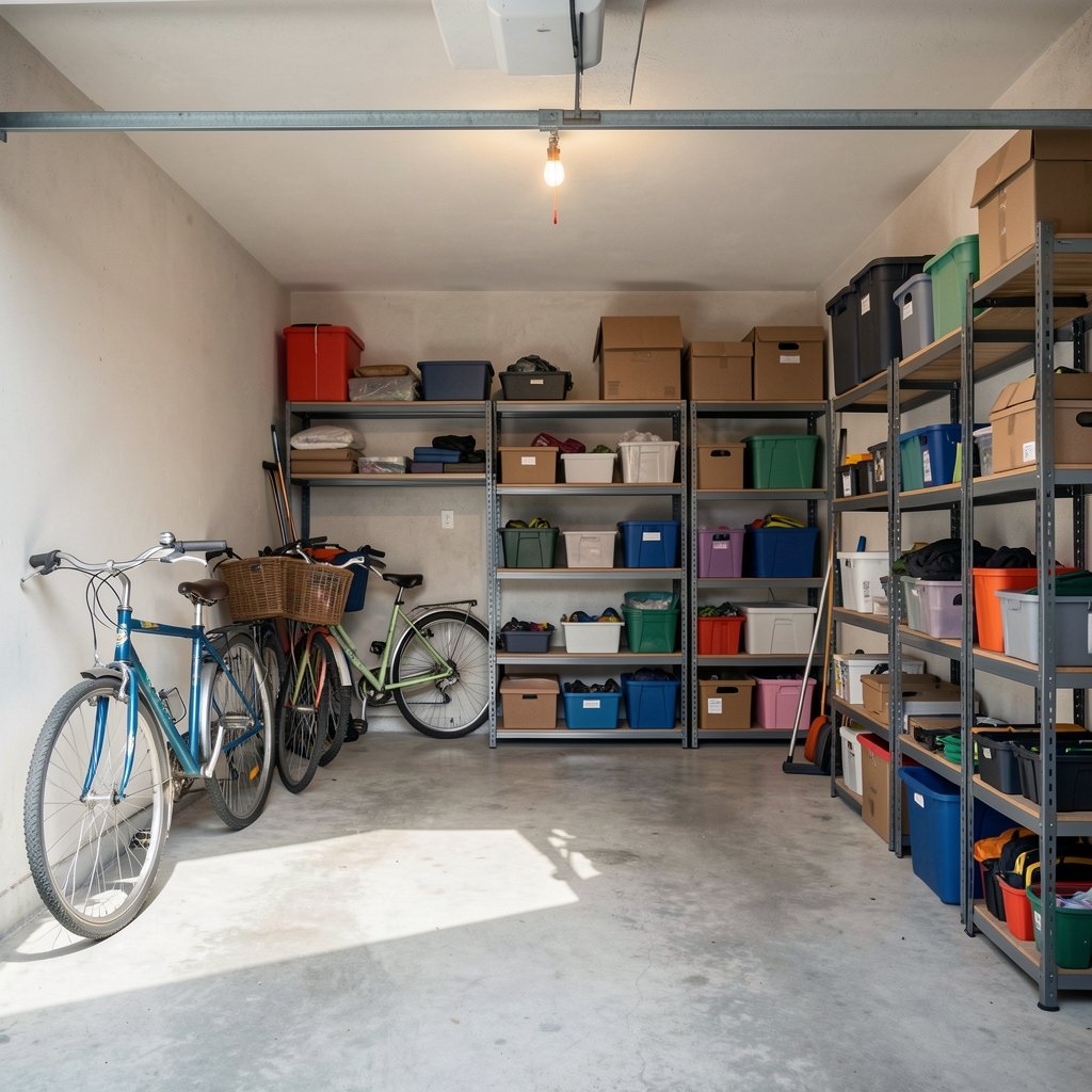 Garaje doméstico vacío con bicicletas y estantes de almacenamiento ordenados