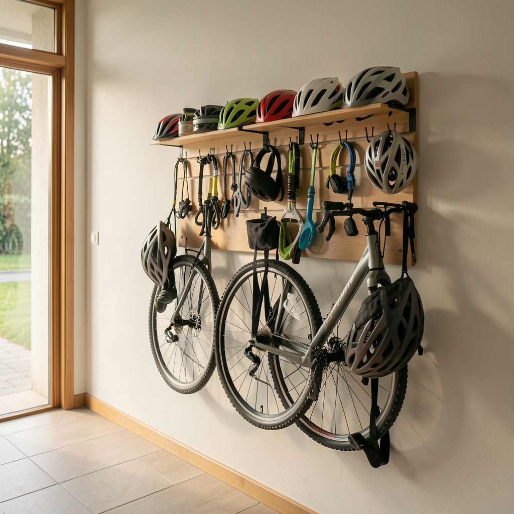Organizador de pared para casco y accesorios de bicicleta en una entrada sin personas