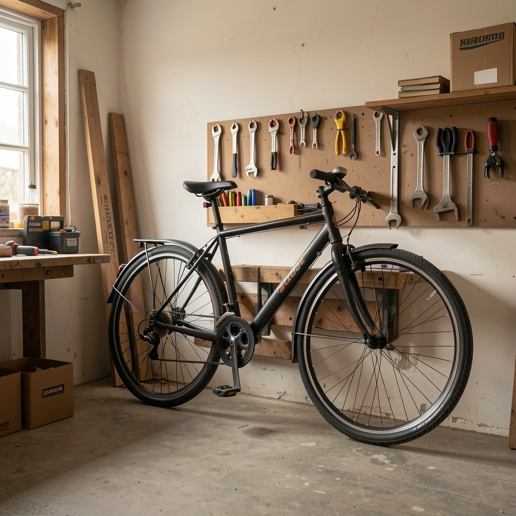 Bicicleta urbana colocada en un soporte de pared dentro de un taller doméstico vacío y ordenado