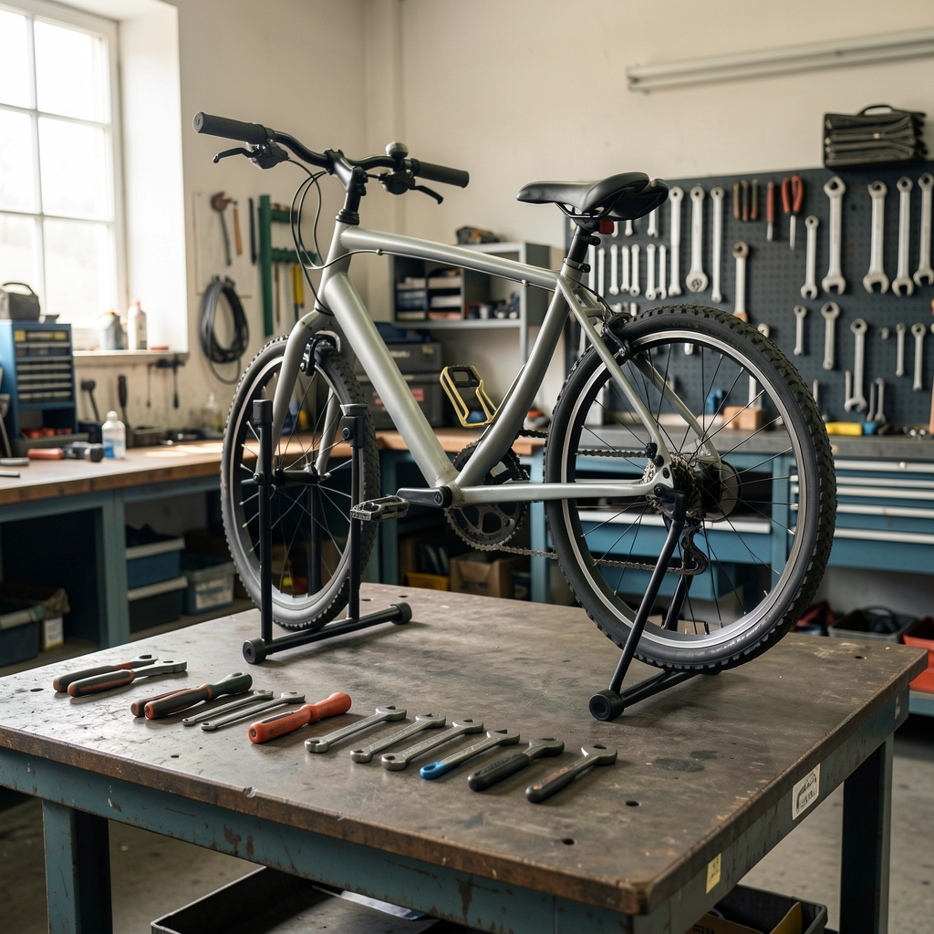 Soporte de bicicleta y herramientas de instalación sobre una superficie de taller sin personas