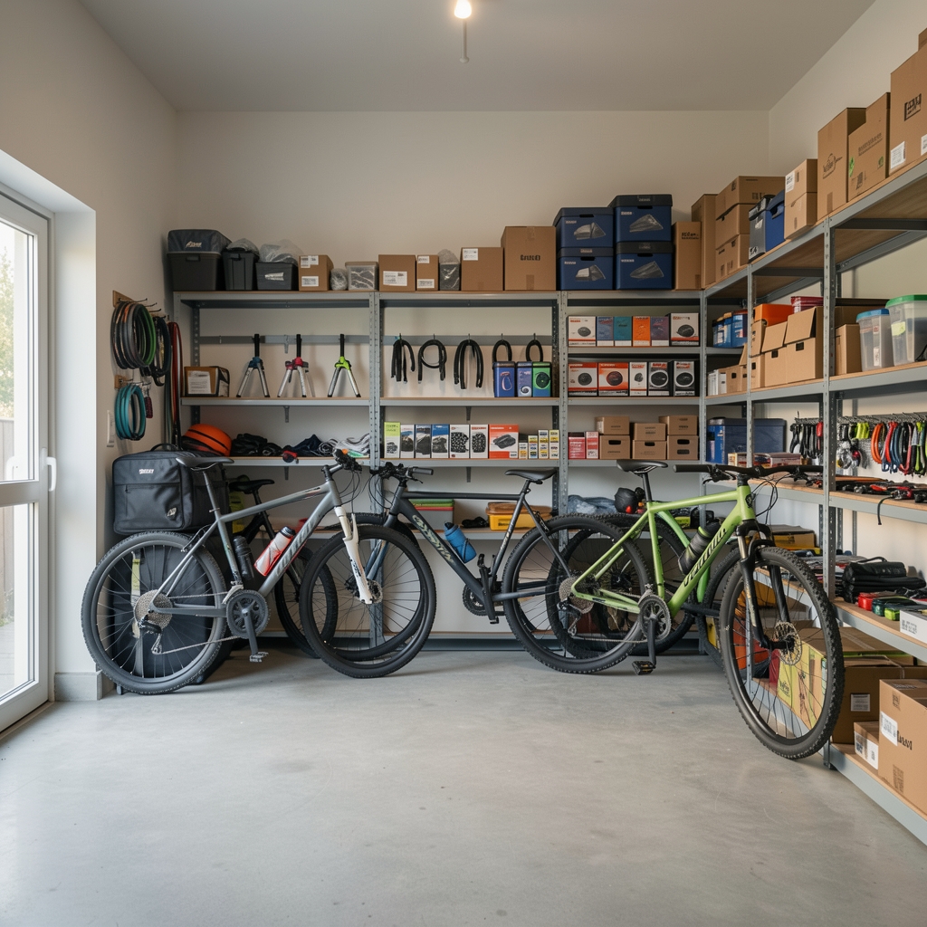 Garaje vacío con bicicletas, soportes y cajas de accesorios organizados en estanterías