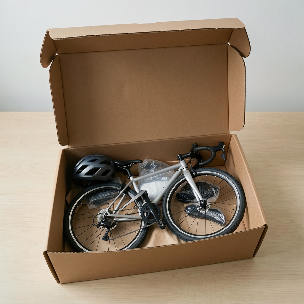 Caja abierta con accesorios de bicicleta protegidos y ordenados para transporte