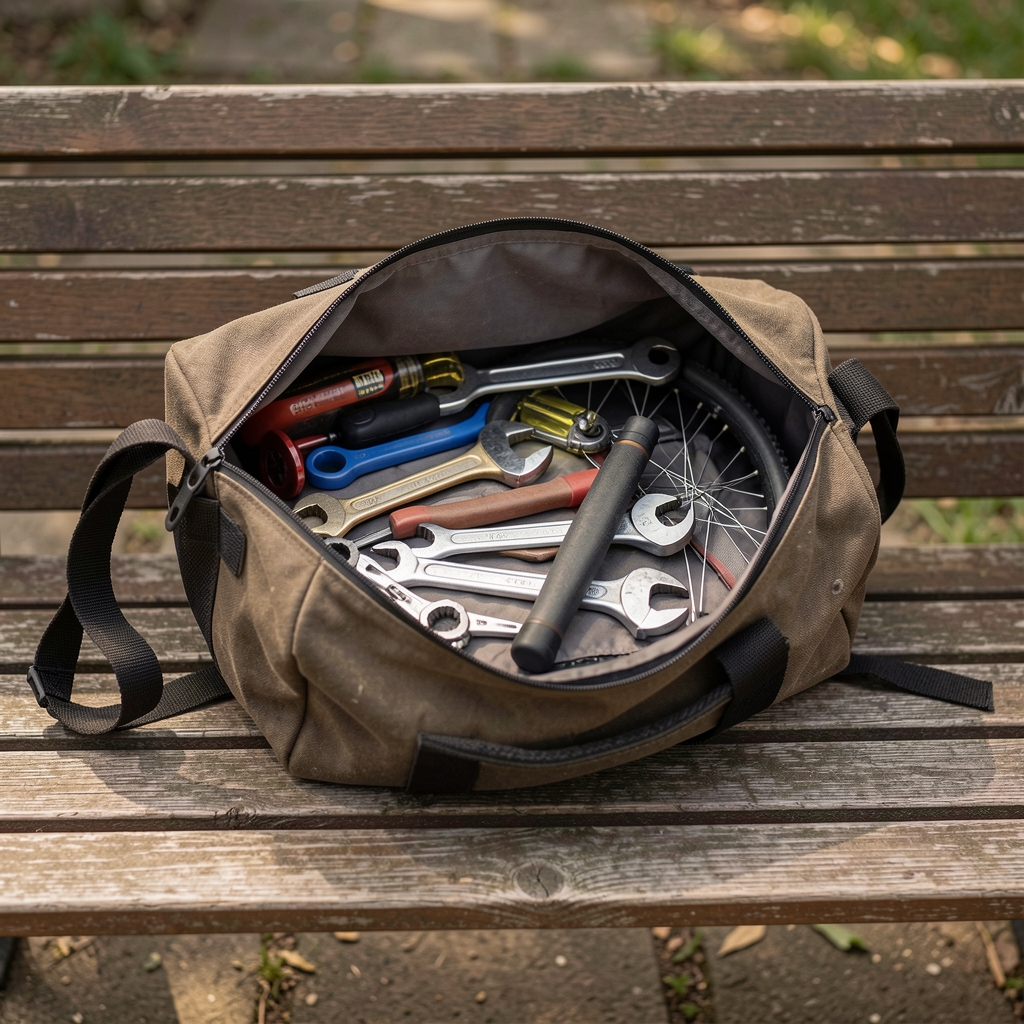 Bolsa textil abierta con herramientas de bicicleta ordenadas sobre banco vacío