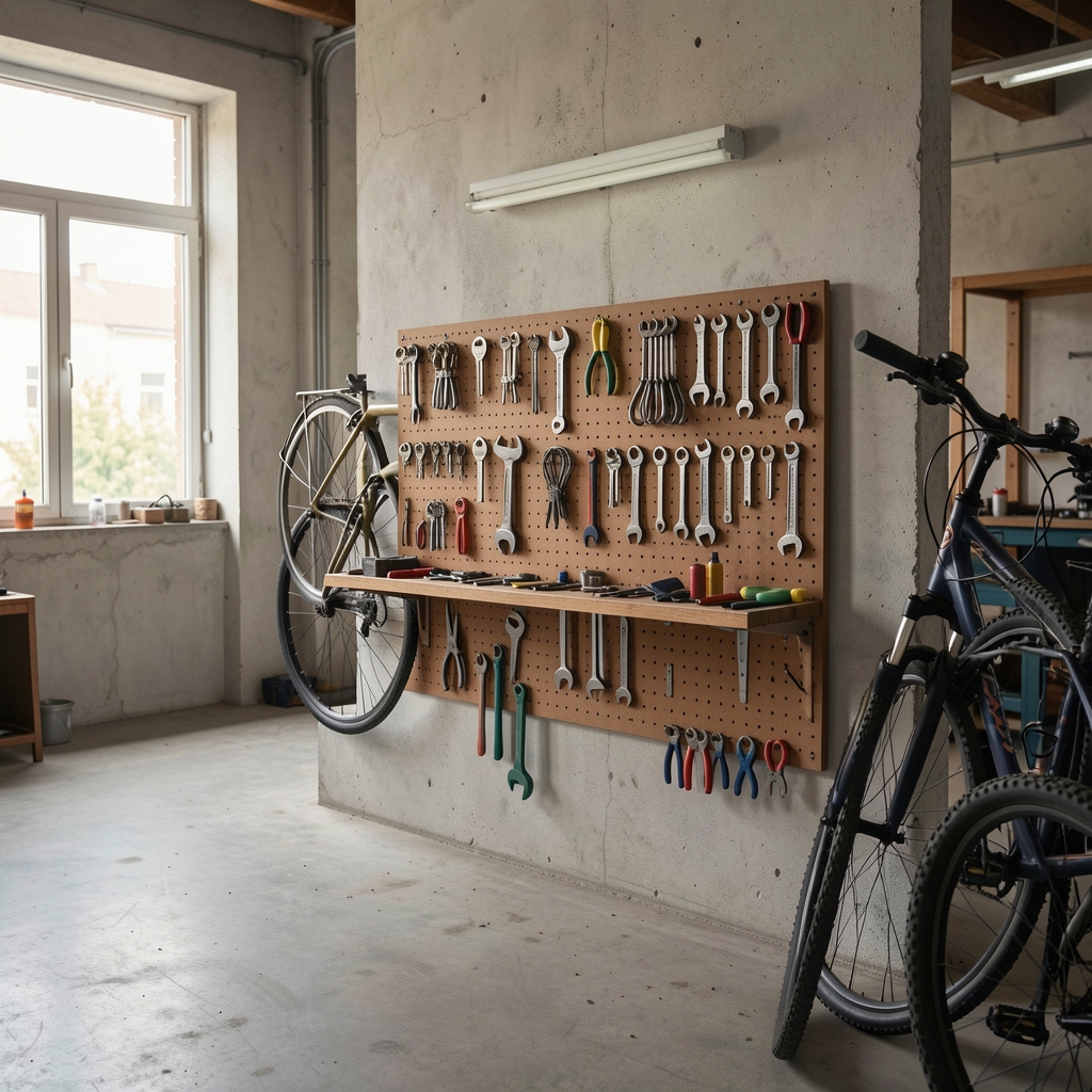 Organizador de pared con llaves y herramientas básicas de bicicleta en un taller vacío
