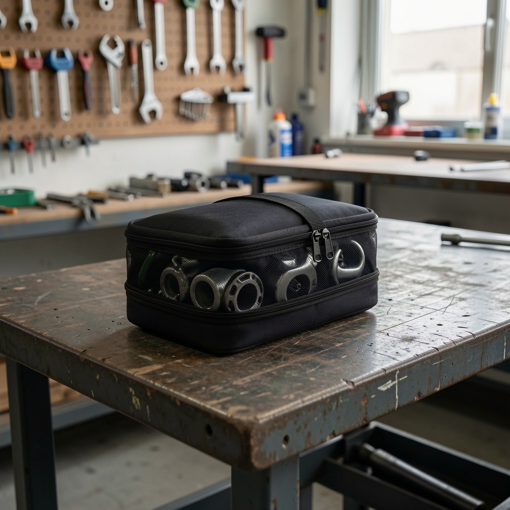 Estuche de transporte para accesorios de bicicleta cerrado sobre un banco de taller vacío