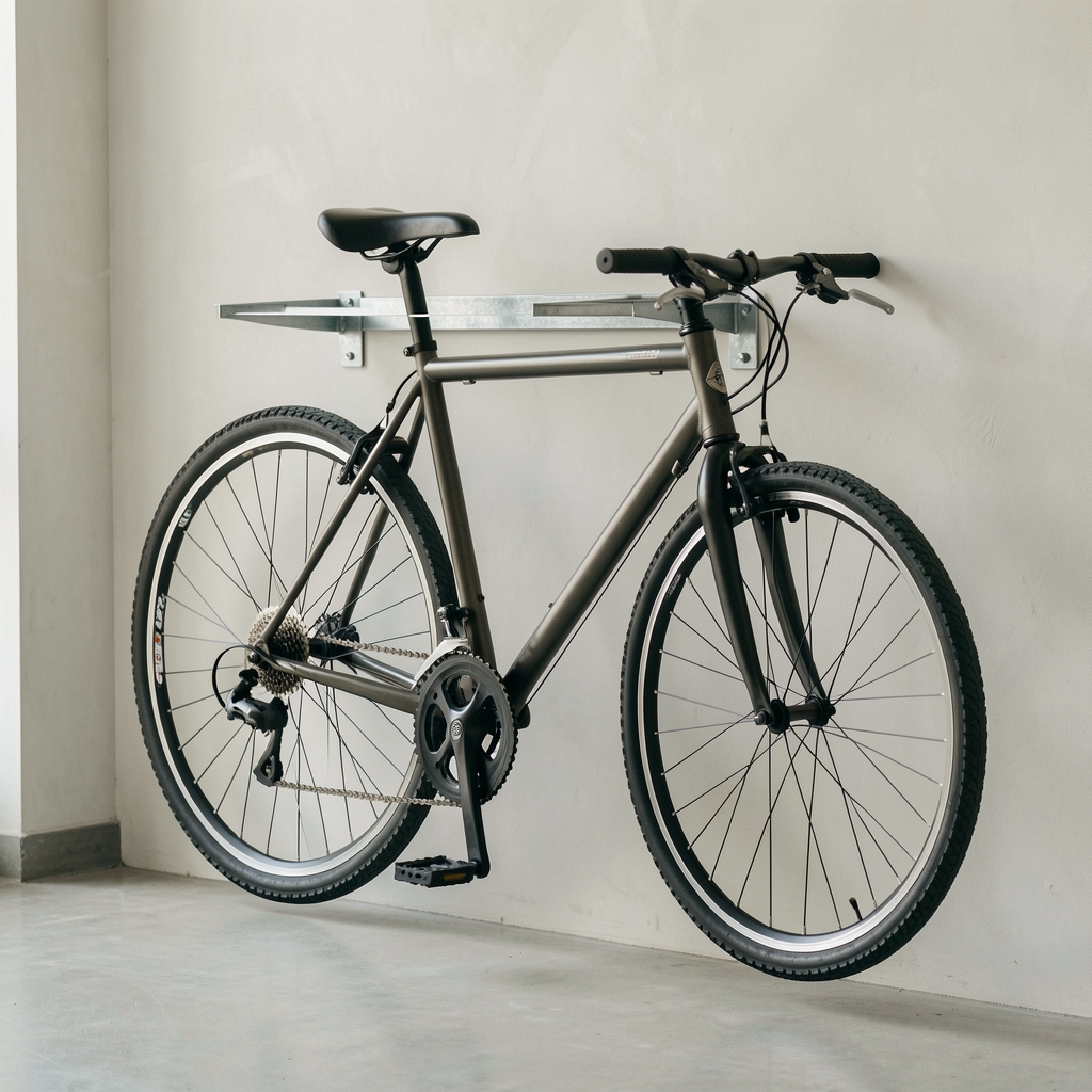 Soporte de pared metálico para almacenar una bicicleta en un espacio interior sin personas