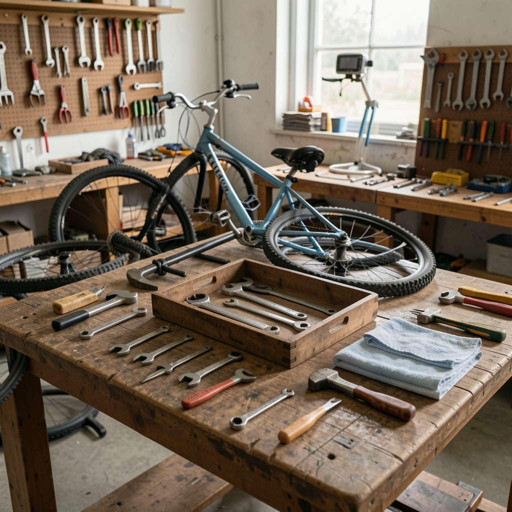 Banco de trabajo vacío con herramientas básicas de bicicleta, bandeja y paños organizados